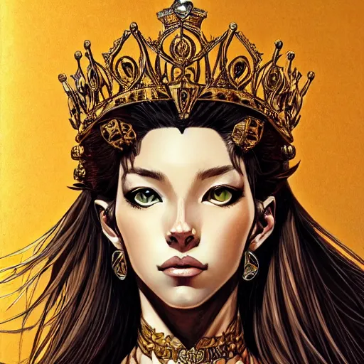 Image similar to highly detailed portrait of a majestic lioness queen in the form of a beautiful woman. d & d. art by eugene delacroix and takeshi obata. trending on artstation, intricate details, energetic composition, golden ratio, concept art, illustration, elegant art, global illuminaition