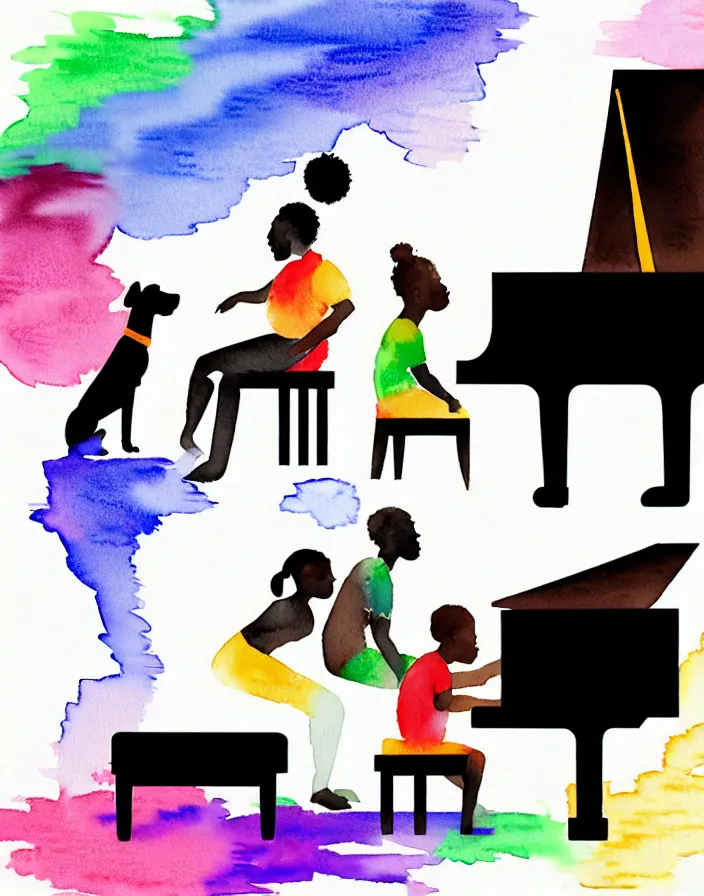 Image similar to a white person and a black person near the piano keyboard with two dogs water colors