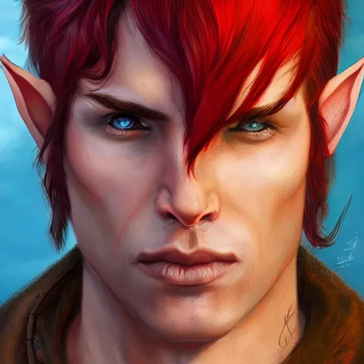 Image similar to character portrait, D&D, male half-elf, artificer, short red mohawk, artstation, ultra detailed, todd lockwood