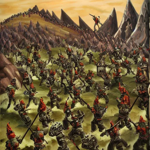 Image similar to painting of a dark mountain fighting armies of gnomes, epic, army formations, melle, ranged and siege