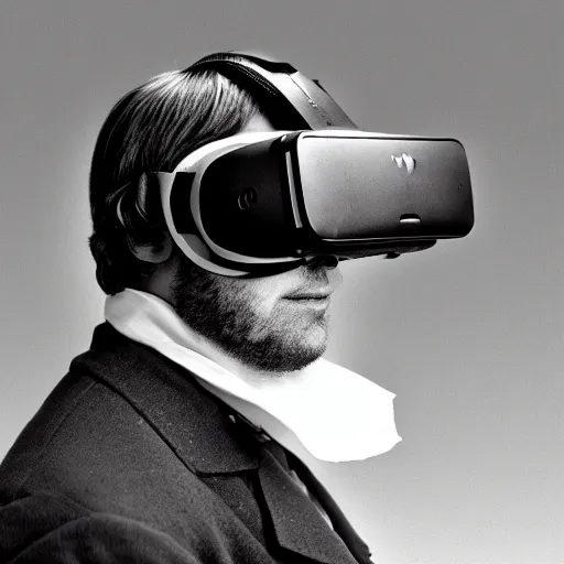 Prompt: an old historical black and white portrait photograph of a man wearing VR goggles in the wild west, during the gold rush, 19th century