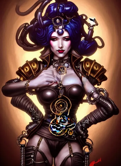 Image similar to front portrait hands behinds pose of attractive Lady Mechanika with wavy hair using white gloves, hands behind her pose!, Intricate steampunk imagery , D&D!, fantasy style, sharp focus!, ultra detailed, art by Artgerm and Peter Andrew Jones, WLUP