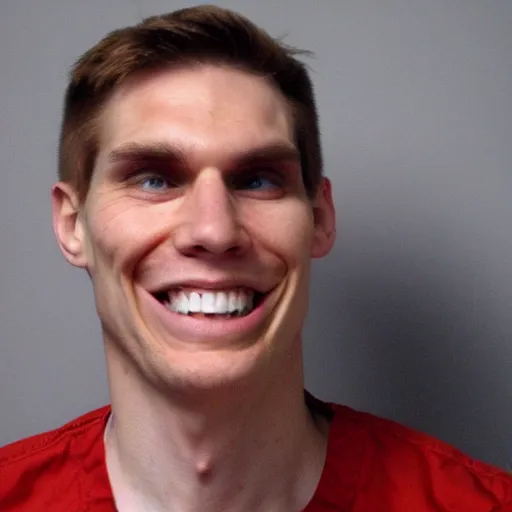 Prompt: a mugshot of the notorious criminal jerma985 with an extreme psychotic smile