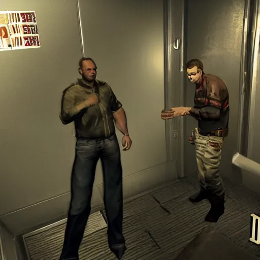 Prompt: postal dude in deus ex with jc denton drinking 4 0 oz