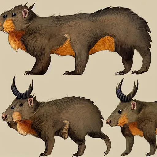 Prompt: speculative evolution of a horned beaver detailed colorful, done by dougal dixon illustration trending on artstation afterman