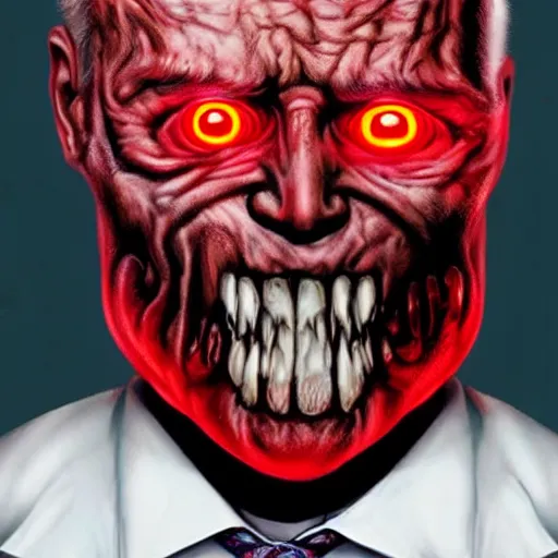 Image similar to hyper realistic terror photo Doom horror furious glowing red eyes biden