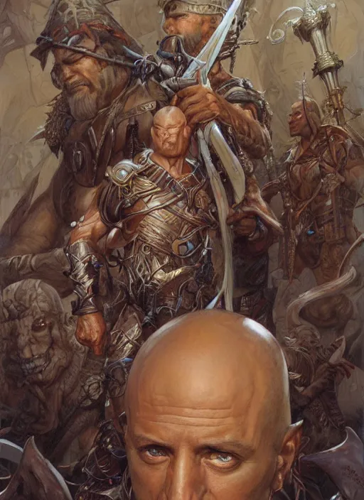 Image similar to a hyperrealistic and detailed paintbrush portrait of a bald male fantasy character, art by donato giancola and bayard wu and gustav moreau and wayne barlowe, rpg portrait, 8 0's fantasy movies, dungeons & dragons, fantasy art