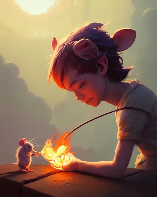 Image similar to highly detailed vfx portrait of a cute little rat casting fire magic, unreal engine, greg rutkowski, loish, rhads, beeple, makoto shinkai and lois van baarle, ilya kuvshinov, rossdraws, tom bagshaw, alphonse mucha, global illumination, detailed and intricate environment