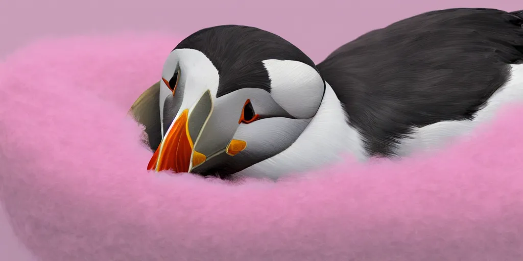 Image similar to realistic puffin sitting in a pink fluffy bed, hyper detailed, trending on artstation