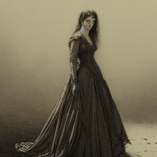 Prompt: Woman in a victorian dress, dramatic light, high contrast, illustration by Paul Gustave Doré