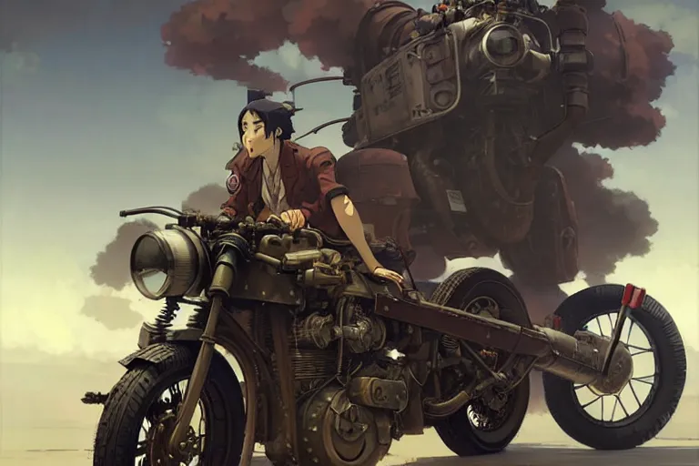 Image similar to dieselpunk, motorcycle, painted by greg rutkowski makoto shinkai takashi takeuchi studio ghibli, akihiko yoshida