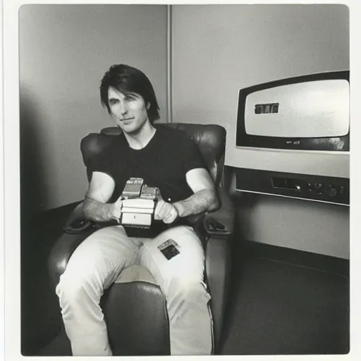 Image similar to Polaroid of Tom Cruise sitting in recliner with remote control 1983