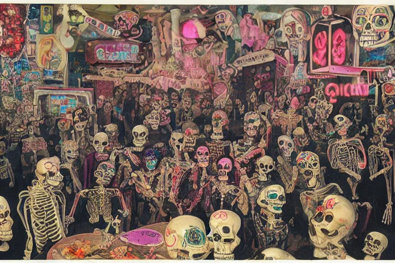 Image similar to scene from amusement arcade, day of the dead, cyber skeletons, queen in black silk in the center, neon painting by otto dix