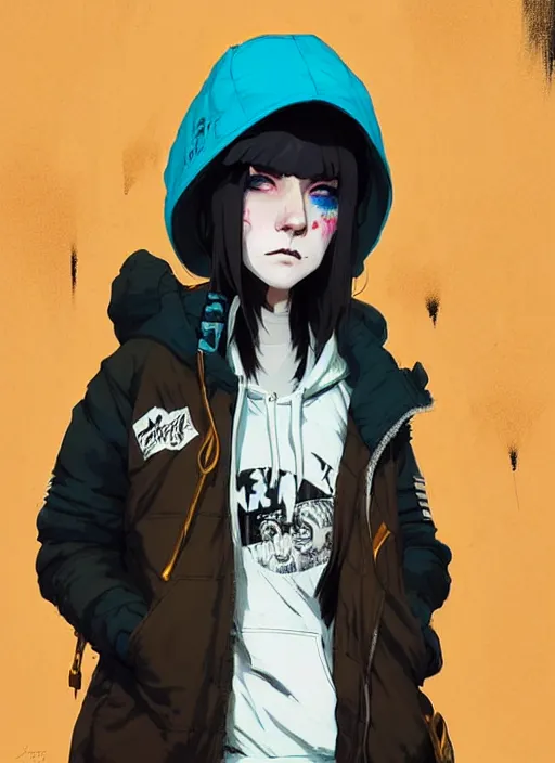 Prompt: highly detailed portrait of a street punk lady student, blue eyes, parka hoodie, hat, white hair by atey ghailan, by greg rutkowski, by greg tocchini, by james gilleard, by joe fenton, by kaethe butcher, gradient yellow, black, brown and cyan blue color scheme, grunge aesthetic!!! ( ( graffiti tag wall background ) )