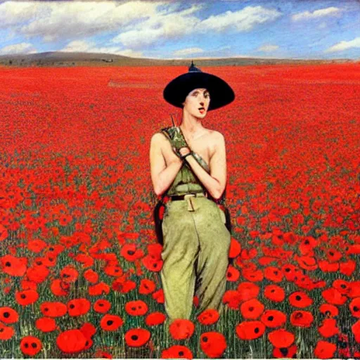 Prompt: world war 1 soldier in a field of giant poppies, surrealist, by robert mcginnis