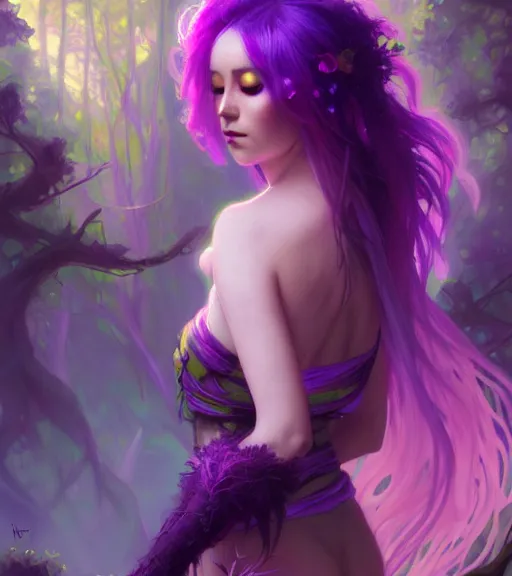 Image similar to stunningly beautiful female neon and purple hair, fantasy art, fae priestess, lush forest landscape, dark light night, goddess sharp focus, digital, painting, 8 k, concept art, art by wlop, artgerm, greg rutkowski and alphonse mucha