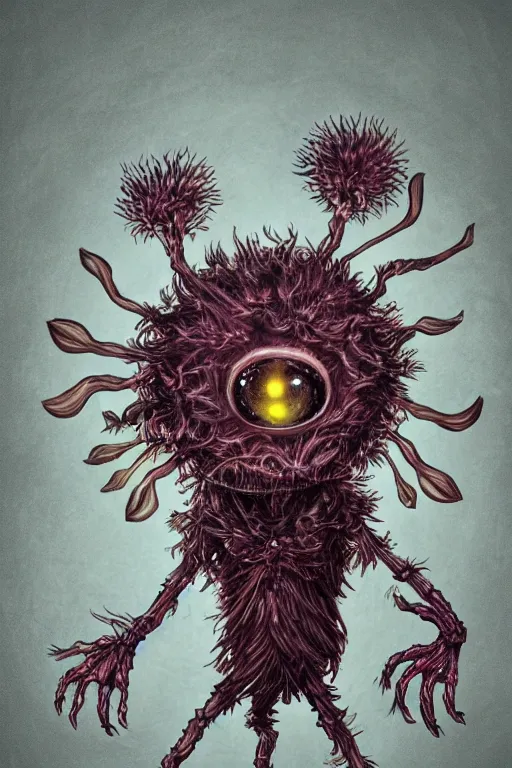 Image similar to a humanoid figure dandelion monster with large glowing eyes and 4 arms, highly detailed, digital art, sharp focus, trending on art station, artichoke, anime art style