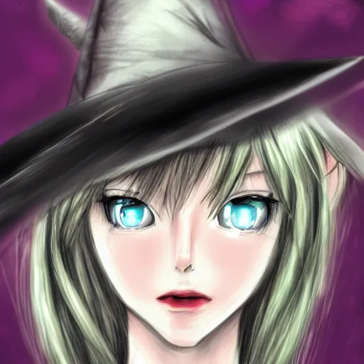 Image similar to a drawing of a pretty woman in a very large oversized witch hat, anime, digital art