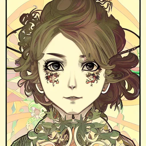 Prompt: anime manga closeup skull portrait floral detailed highres 4k intricate nature comic patterns vector illustration style by Alphonse Mucha and James Jean pop art nouveau