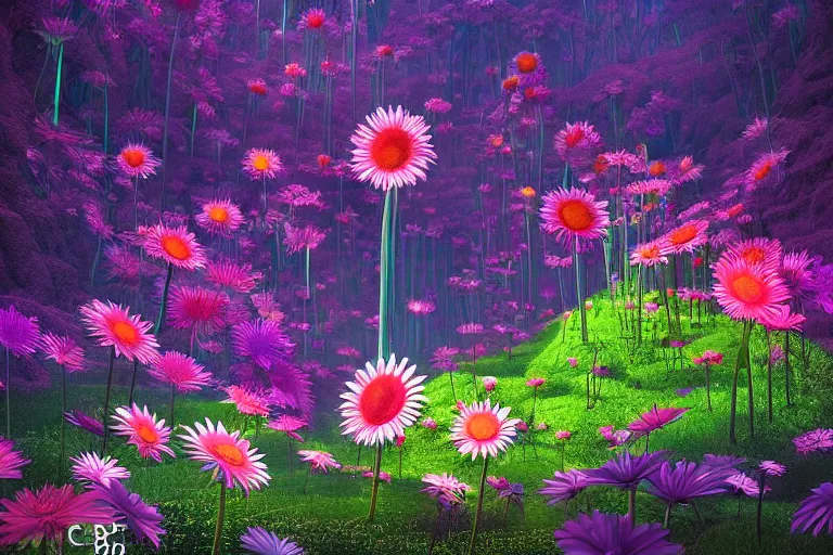 Image similar to beautiful field of giant gerber daisy flowers digital illustration by dr. seuss : 1 | colorful surreal psychedelic megaflora forest by beeple : 1