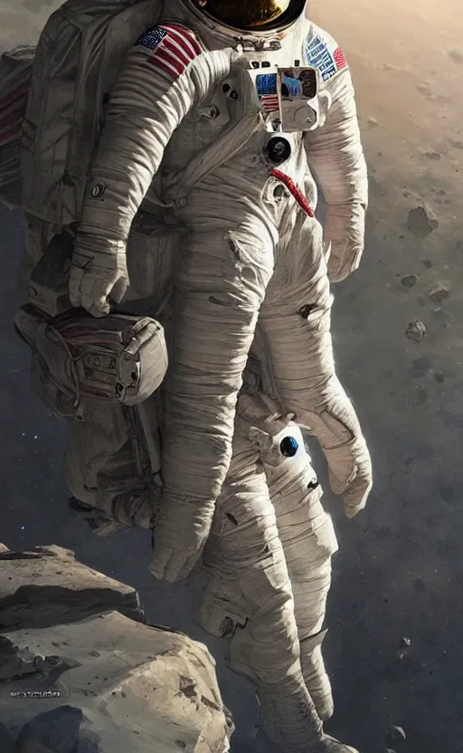 Image similar to a beautiful artwork half-body portrait of an astronaut on the moon, by greg rutkowski and jesper ejsing and raymond swanland, featured on artstation, wide angle, vertical orientation