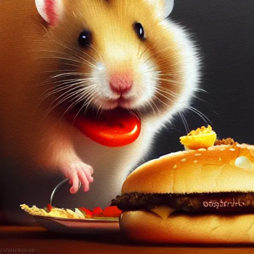 Prompt: a hamster eating a hamburger,digital art,ultra realistic,ultra detailed,art by greg rutkowski,detailed face,4k