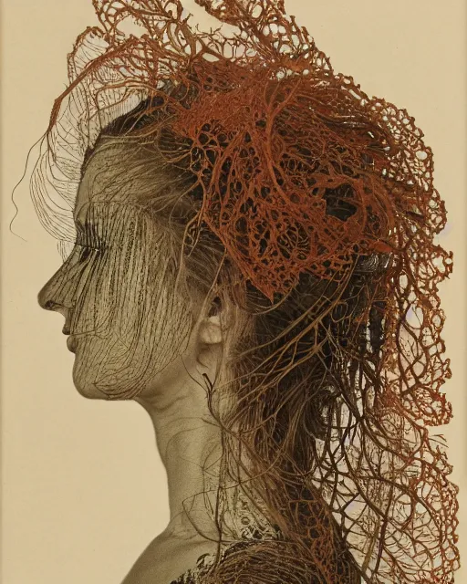 Image similar to a woman's face in profile, long flowing hair entwined in a coral reef, made of intricate decorative lace leaf, in the style of the dutch masters and gregory crewdson, dark and moody