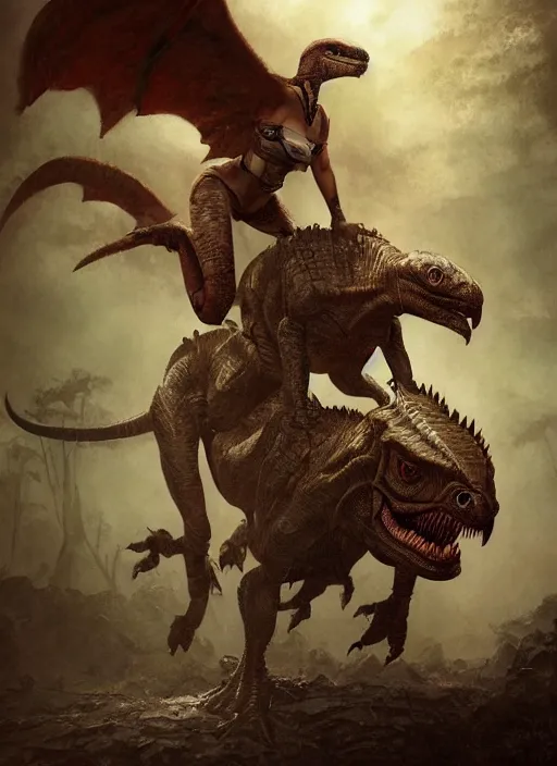 Prompt: hyper realistic photo of prehistoric milla jovovich riding on a raptor, full body, rule of thirds, conceptart, saturated colors, cinematic, greg rutkowski, brom, james gurney, mignola, craig mullins, artstation, cgsociety