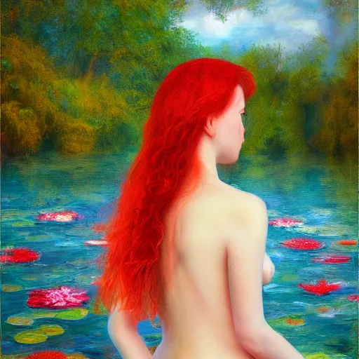 Image similar to oil painted impressionism style, A red-haired girl bathes in a lake where water lilies are floating, High definition, detailed,