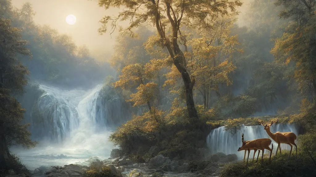 Prompt: the most beautiful panoramic landscape, oil painting, where a giant dreamy waterfall creates a river, the trees around are starting to bloom in a great variety of colors, a majestic deer is drinking water from the river and a ray light of the sunrise is brightening him, there is fog by greg rutkowski