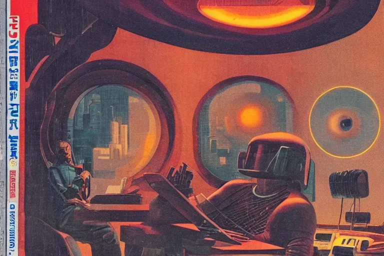 Prompt: 1979 OMNI Magazine Cover of a lizard man at a desk with a large circular window to neo-Tokyo streets behind him. in cyberpunk style by Vincent Di Fate