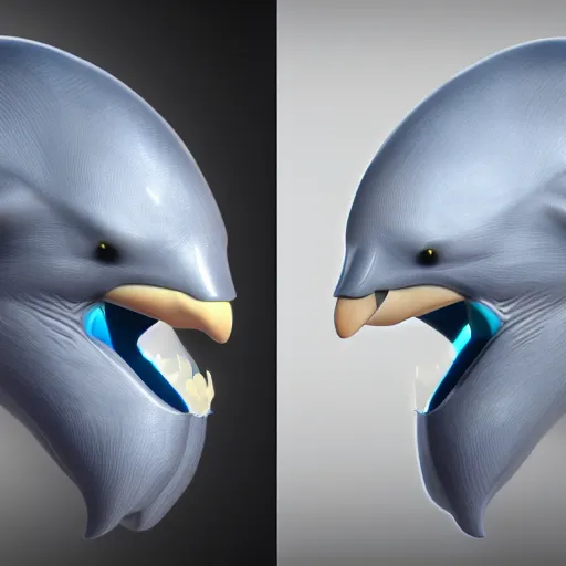Prompt: very very beautiful cybernetic bottlenose dolphin bust profile picture, male anthropomorphic android design, bulbous beak, side profile shot, commission on FurAffinity, digital art, unreal engine