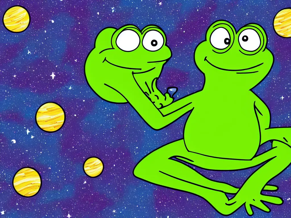 Image similar to happy pepe the frogs floating in space, cartoon illustration, detailed