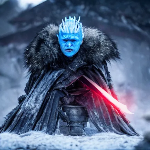 Image similar to justin sun as night king in game of thrones versus crimson bee, 4 k, epic, cinematic, focus, movie still, fantasy, extreme detail, atmospheric, dark colour, sharp focus