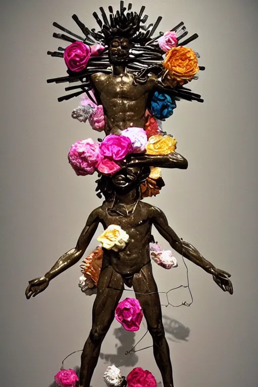 Prompt: papercraft scene made entirely of pipecleaners and crumpled foil of Jean-Michel Basquiat as a full-body bronze baroque statue of Icarus in the posing like a bird for flight, crown of peach roses, flowing pink-colored silk, fabric, flowers. baroque elements, human skull. full-length view. baroque element. intricate artwork by caravaggio. many many birds birds on background. Trending on artstation, octane render, cinematic lighting from the right, hyper realism, octane render, 8k, depth of field, 3D