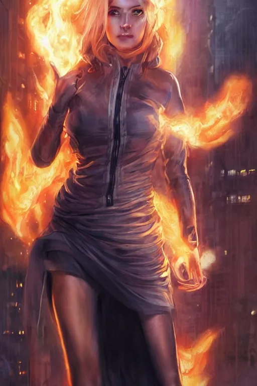 Prompt: wonderful young blonde woman with flames dancing on her hands with a long jacket in a cyberpunk city, realistic mouth, realistic, high definition, detailed and symetric face, detailed and realistic hands, expressive eyes, 4 k, shimmering color, art by artgerm ans greg rutkowski and magali villeneuve