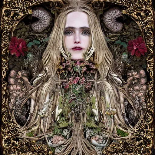 Prompt: a beautiful detailed front view baroque portrait of a rotten woman corpse with fractal plants and fractal flowers and mushrooms growing around, intricate, symmetrical, ornate, bones, art nouveau style