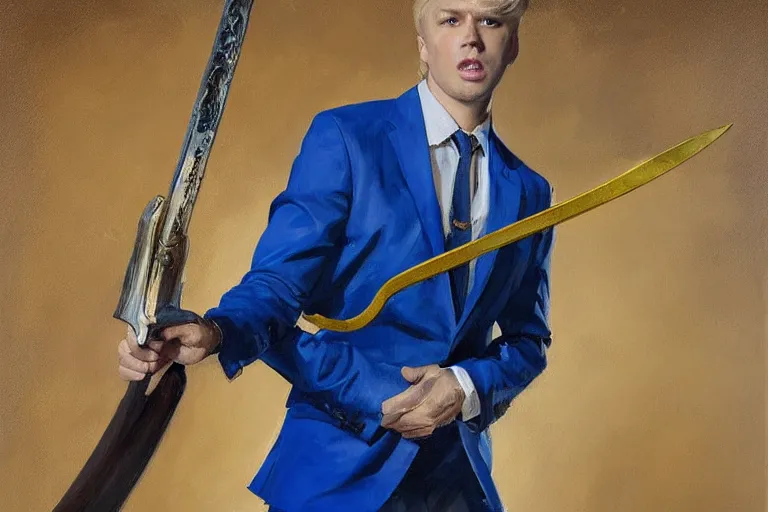 Image similar to greg manchess portrait painting of a blond man in a blue suit with a sword and a pistol, asymmetrical, profile picture, organic painting, sunny day, matte painting, bold shapes, hard edges, street art, trending on artstation, by huang guangjian, gil elvgren, ruan jia, randy vargas, greg rutkowski