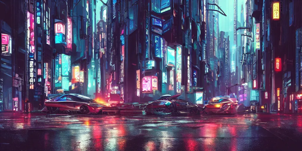 Image similar to Cyberpunk street with futuristic car in the foreground on a rainy day in Japan, evening, low angle view, detailed matte painting, cinematic, Moebius, Artstation