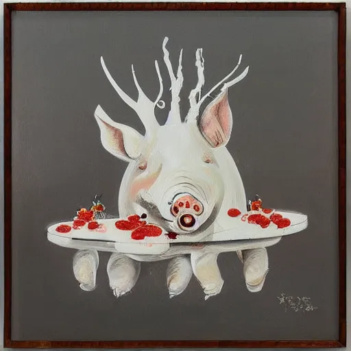 Prompt: “pig paintings and pig sculptures in a pig art gallery, pork, ikebana white flowers, white wax, squashed berries, acrylic and spray paint and oilstick on canvas, by munch and Dali”