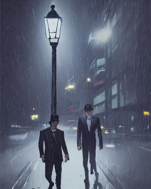 Image similar to a mysterious rugged man in a pinstripe suit holding a pistol in one hand and a briefcase in the other. Raining, street lamps, stormy, atmospheric lighting, mysterious, gloomy. By Makoto Shinkai, Stanley Artgerm Lau, WLOP, Rossdraws, James Jean, Andrei Riabovitchev, Marc Simonetti, krenz cushart, Sakimichan, D&D trending on ArtStation, digital art.