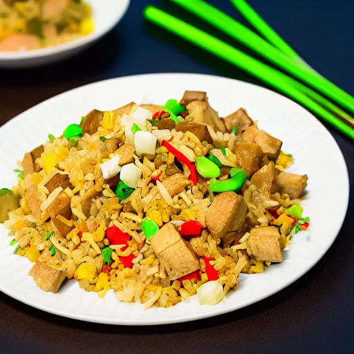 Prompt: a photograph of the new tofu fried rice, chinese dish from my local chinese restaurant, cooked to perfection, food photography