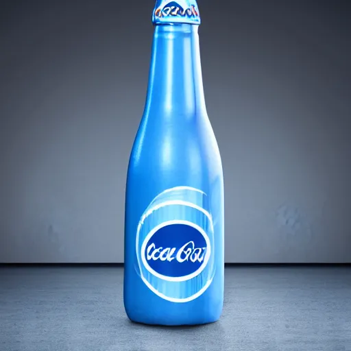 Prompt: a blue CocaCola bottle marketing product photography