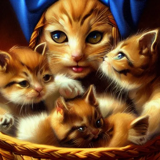 Prompt: portrait of a basket of kittens saint, trending on art station, 4k UHD, 8k, painting illustration, high detail by Greg Hildebrandt