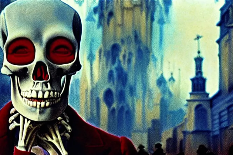 Image similar to realistic detailed photorealistic film closeup portrait shot of a single skeleton wearing crimson velvet blazer in a crowded futuristic moscow street by Denis Villeneuve, Amano, Yves Tanguy, Alphonse Mucha, Ernst Haeckel, Andrei Tarkovsky, Edward Robert Hughes, Roger Dean, rich moody colours, wide angle, blue eyes