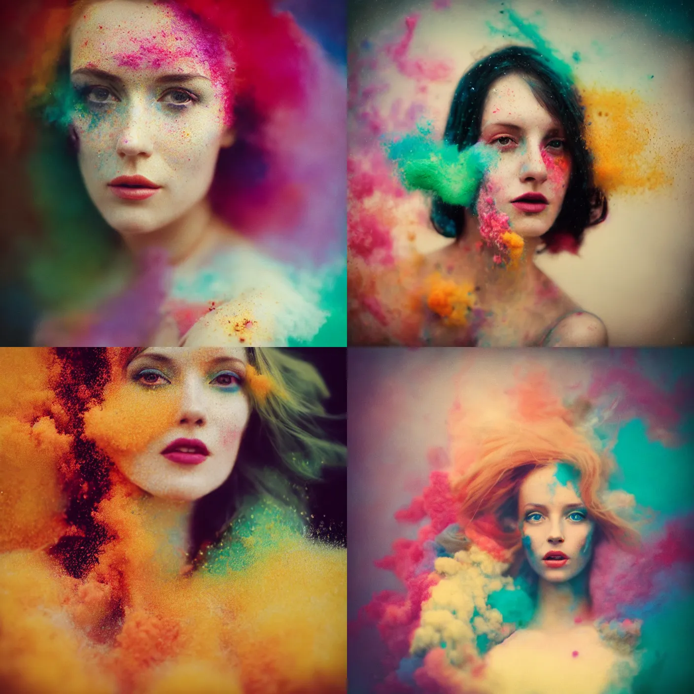 Prompt: close up photography of a beautiful woman surrounded by colored powder explosions byanka zhuravleva and ary scheffer. jean james and marco mazzoni. vogue. kodak portra. bokeh!. golden hour. detailed. hq. realistic. vibrant. lens flare. canon eos r 3, 8 k, raw, symmetrical balance, in - frame