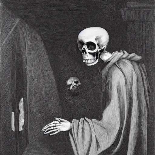 Image similar to ''death looking at skull, wearing a black robe''