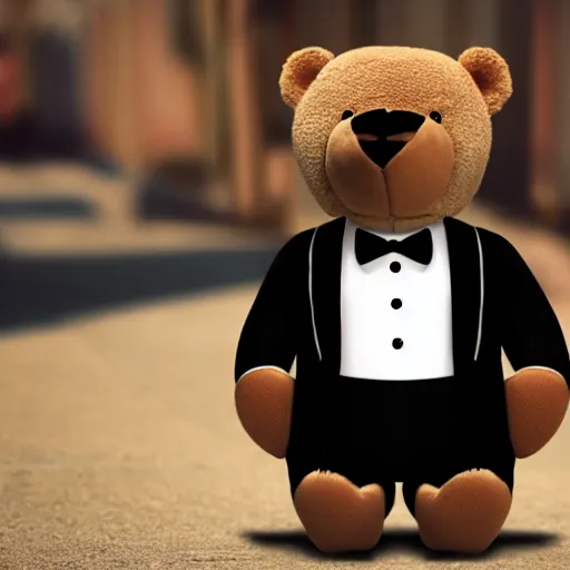 Prompt: a cartoon bear wearing a tuxedo, cinematic, realistic