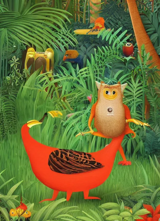 Image similar to rare bird in the jungle, highly detailed, unreal engine render concept art, style of henri rousseau and richard scarry and hiroshi yoshida