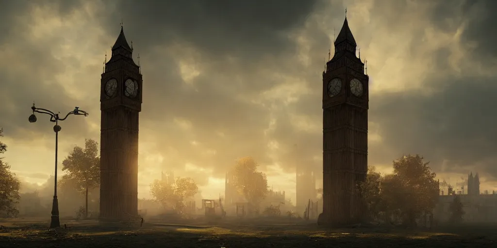 Image similar to a destroyed clock tower in a destroyed London at sunrise, ruins, clouds in the sky, concept art, octane render, unreal engine 5, trending on Artstation, high quality, 8K, soft lighting, highly detailed, trending on DeviantArt, mossy, apocaliptic, serene landscape, beautiful, cgsociety, godrays, path traced